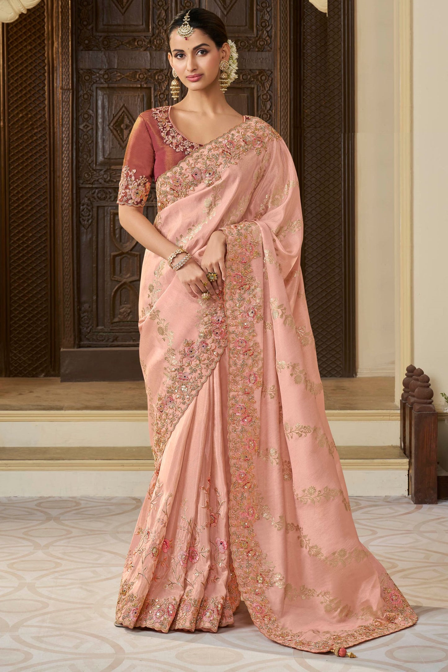 Pink Pure Tissue Silk Stone& Mirror Worked Indian Wedding & Festival Wear Saree