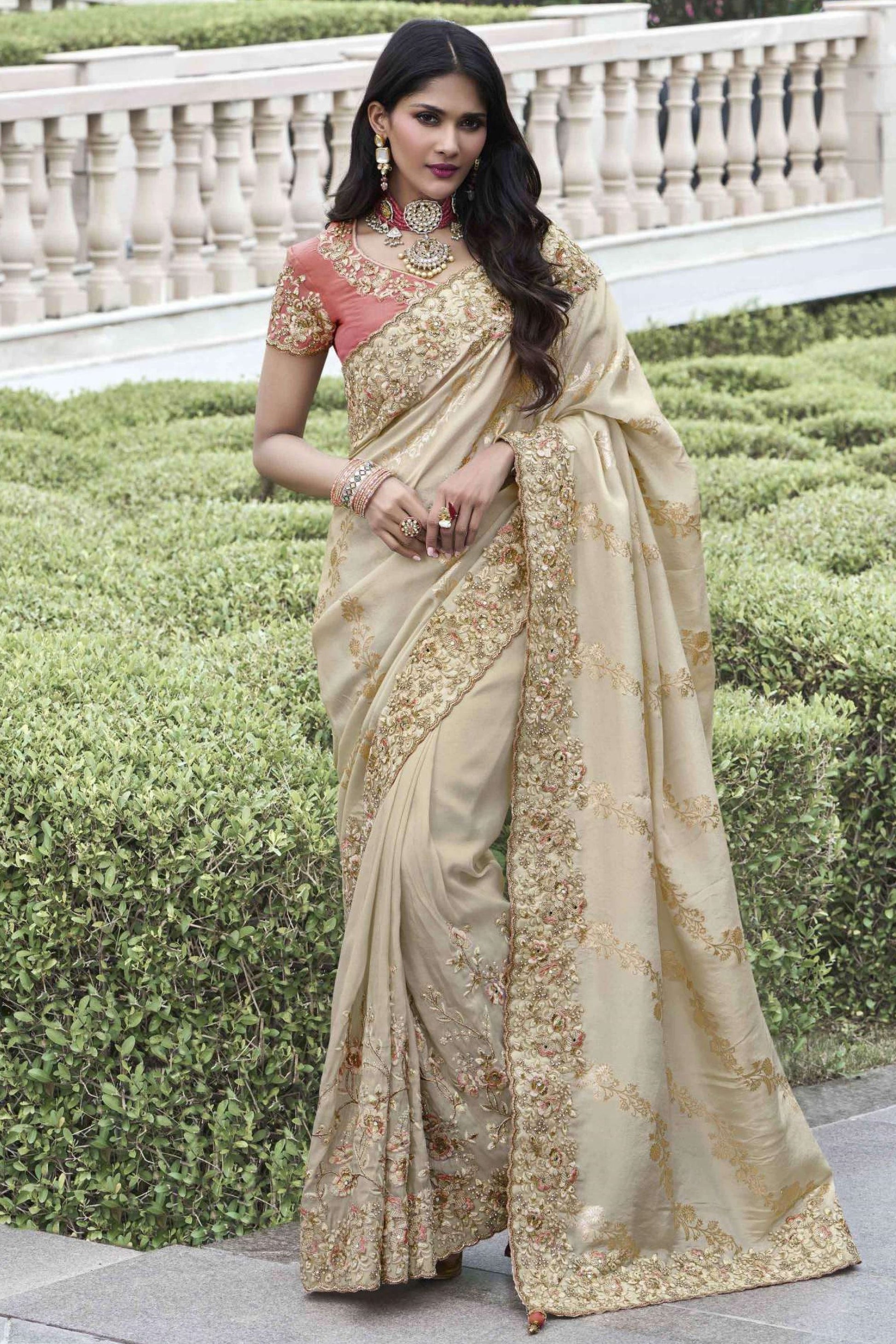 Cream Designer Viscose Silk Saree With Designer Embroidery & Stone Worked Blouse Piece, Indian Wedding Outfit Wear Saree - Marriott Fashion