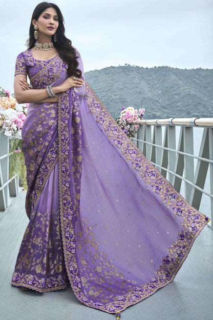 Lavish Lavender Colored Heavy Viscose Silk Saree With Stone Worked Blouse Piece, Wedding Collection Wear Bollywood Style Saree For Women - Marriott Fashion