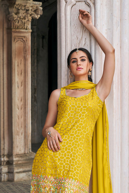 Yellow Fancy Designer Ready Made Outfit Wear Faux Georgette Sharara Suits With Designer Dupatta , Festival Wear Fancy Dresses For Women/ Girls - Marriott Fashion