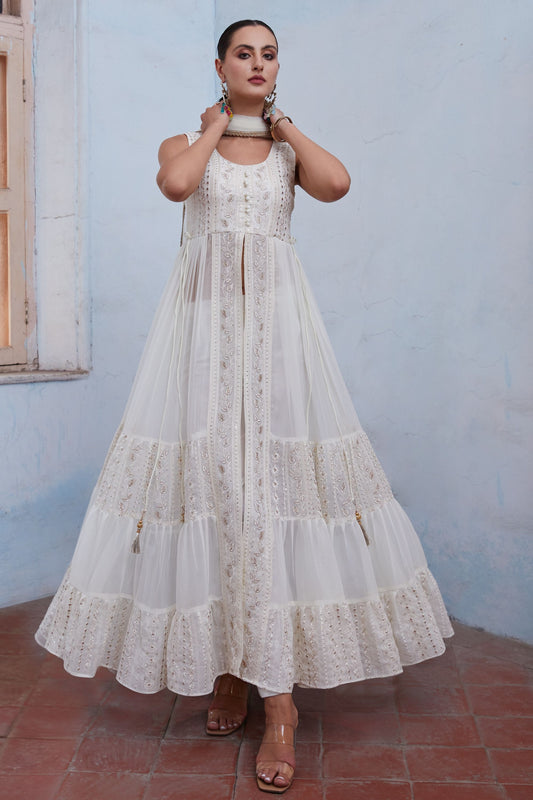 White Long Designer Georgette Anarkali with Front Slit and Pant For Indian Festivals & Weddings - Thread & Sequence Embroidery Work - Marriott Fashion