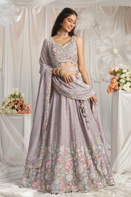 Mauve Poly Chiffon Sequence & Thread Worked Lehenga choli For Engagement & Festival Wear Lehenga Choli