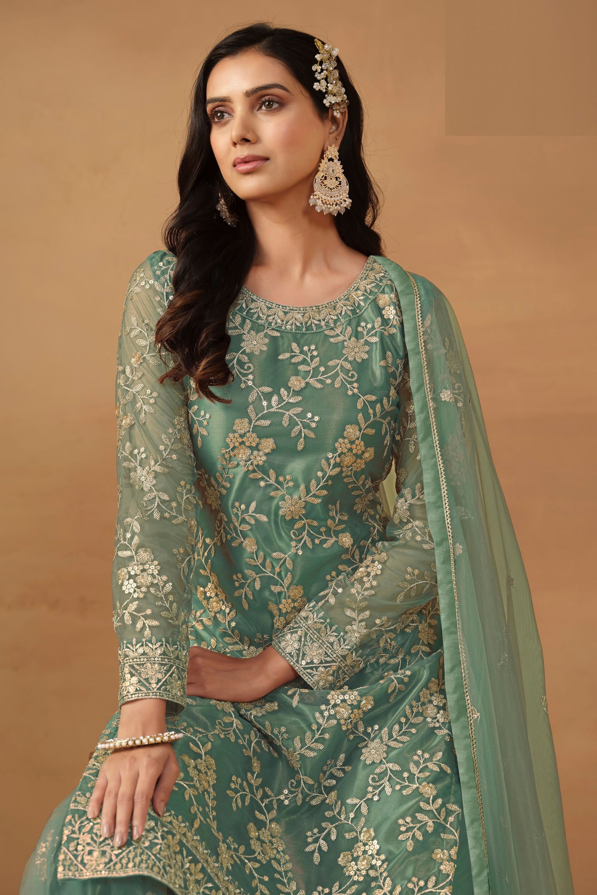 Pista Green Colored Heavy Net Sharara Suit With Beautiful Dupatta, Pakistani Outfit - Marriott Fashion