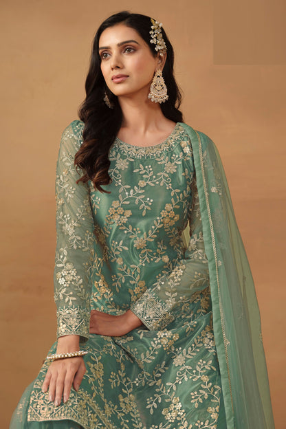 Pista Green Colored Heavy Net Sharara Suit With Beautiful Dupatta, Pakistani Outfit - Marriott Fashion