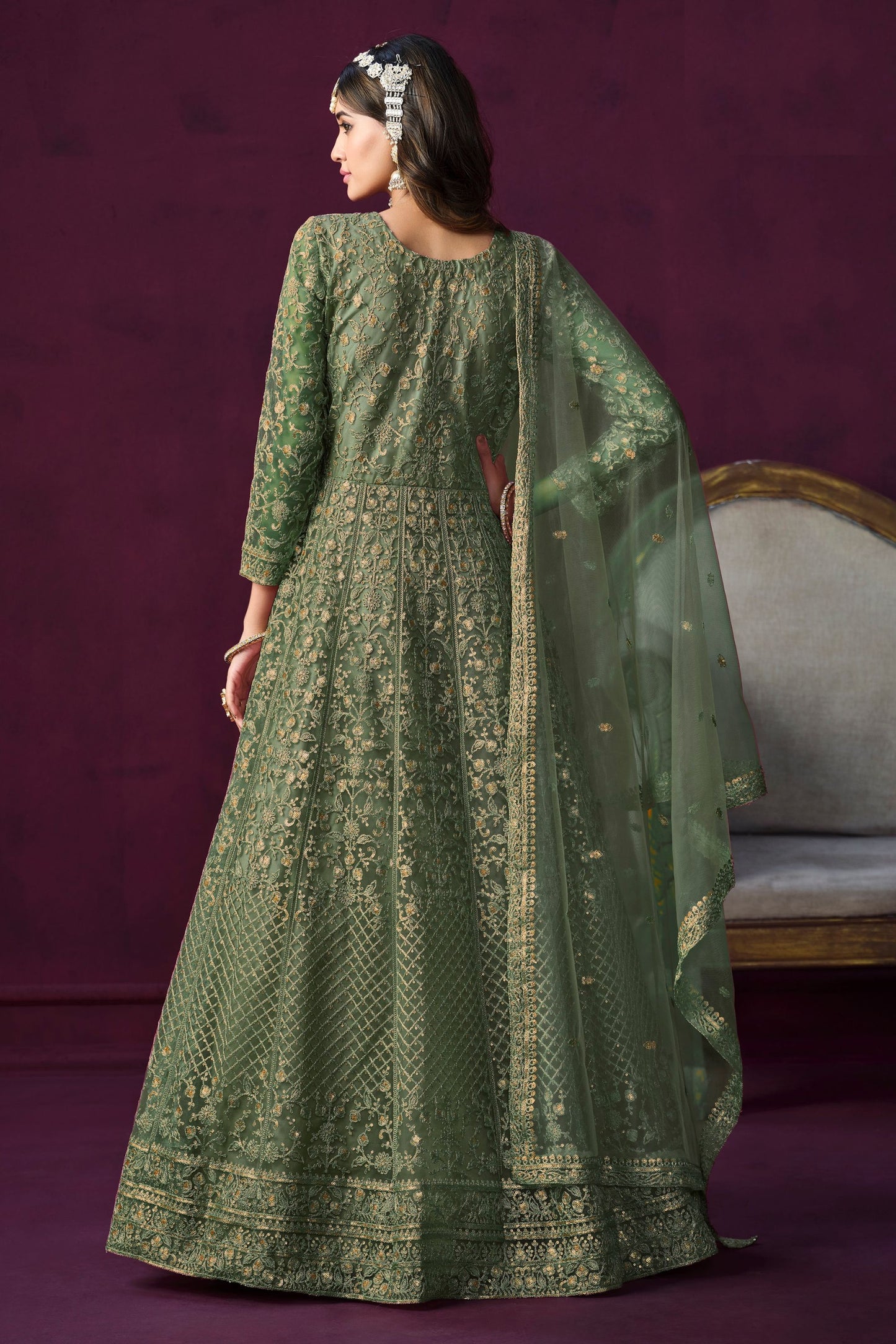 Green Heavy Net Embroidery Worked Pakistani Festival & Wedding Wear Anarkali Gown