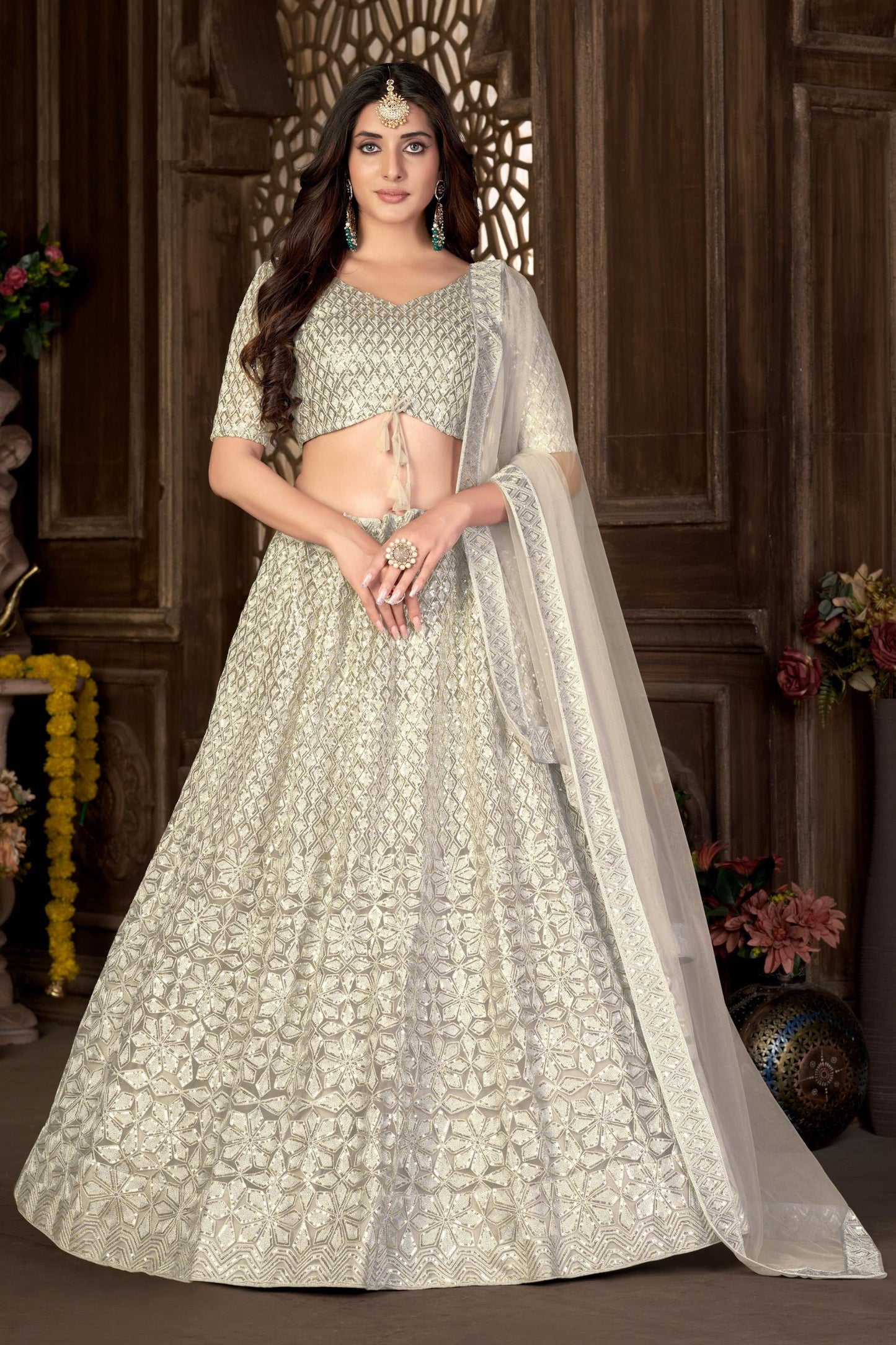 Cream Heavy Net Sequence Worked Wedding & Function Wear Lehenga Choli