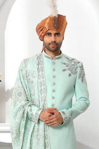 Designer Cream Heavy Art Silk Embroidery Worked Wedding & Festival Wear Sherwani