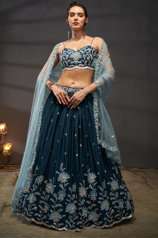 Teal Heavy Chiffon Sequence Worked Wedding Function Wear Fancy Lehenga Choli