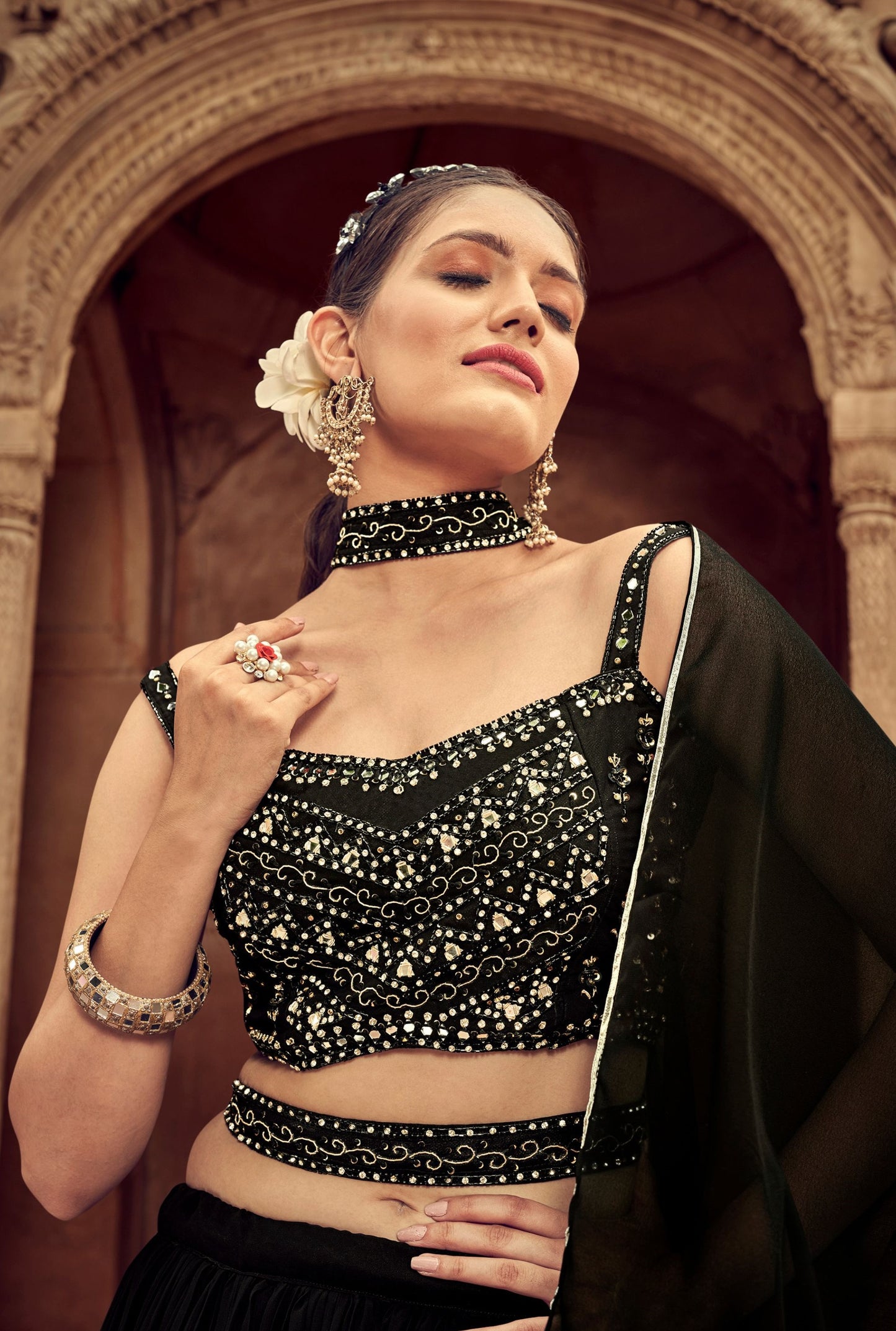 Black Faux Georgette Embroidery Worked Wedding Wear Ready Made Lehenga Choli