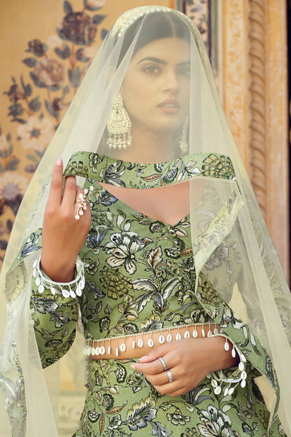 Green Crushed Silk Wedding Function Wear Printed Lehenga Choli