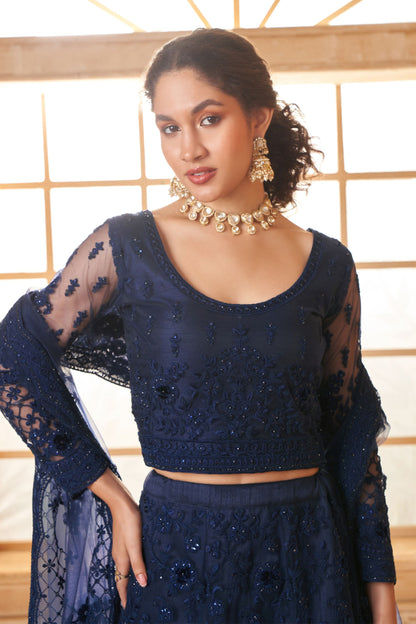 Blue Colored Fancy Net Lehenga Choli With Stone Worked Blouse And Designer Net Dupatta - Marriott Fashion