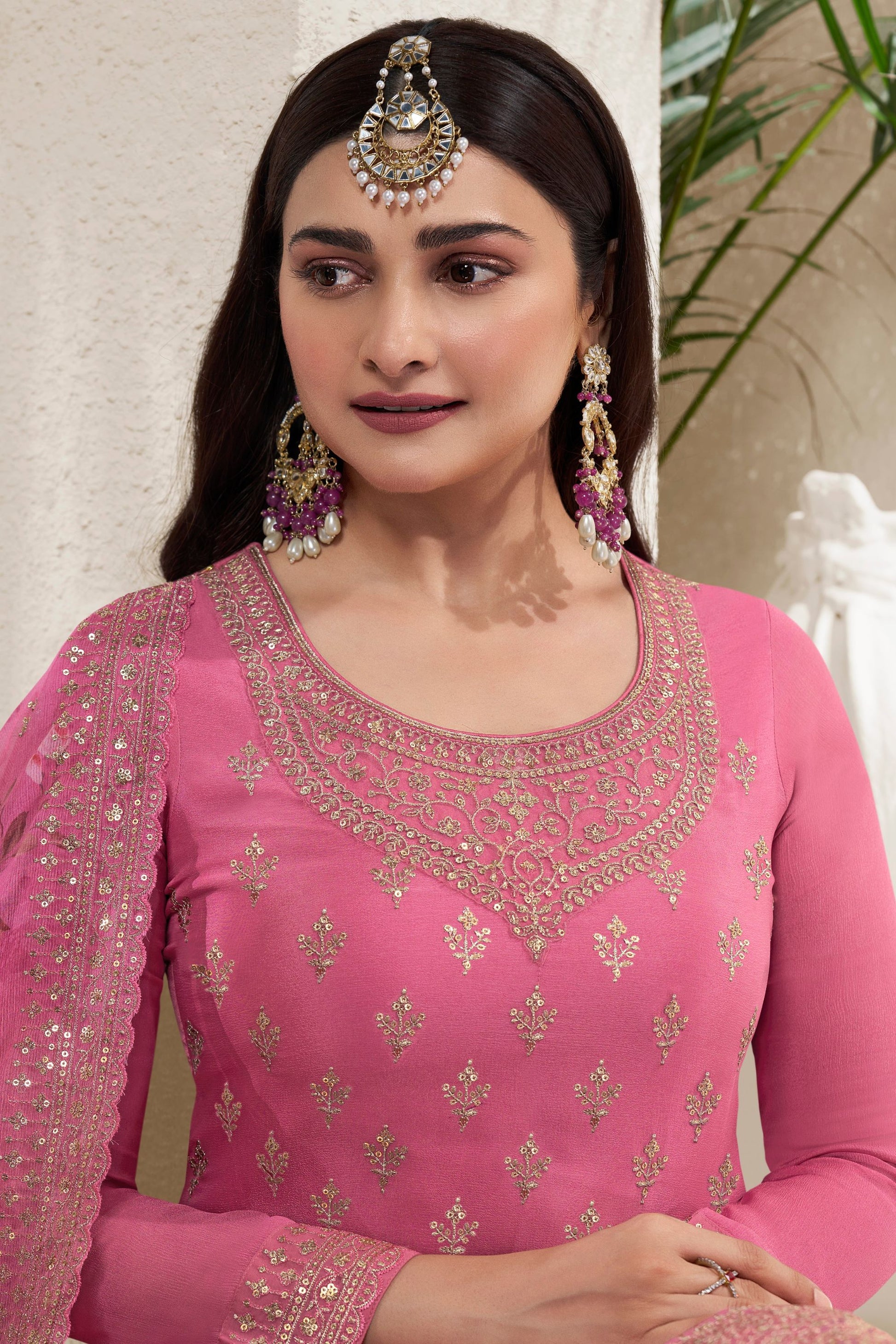 Pink Colored Chinon Salwar Suit, Same Colored Palazzo With Beautiful Dupatta , Embroidery And Multi Thread Worked Dresses - Marriott Fashion