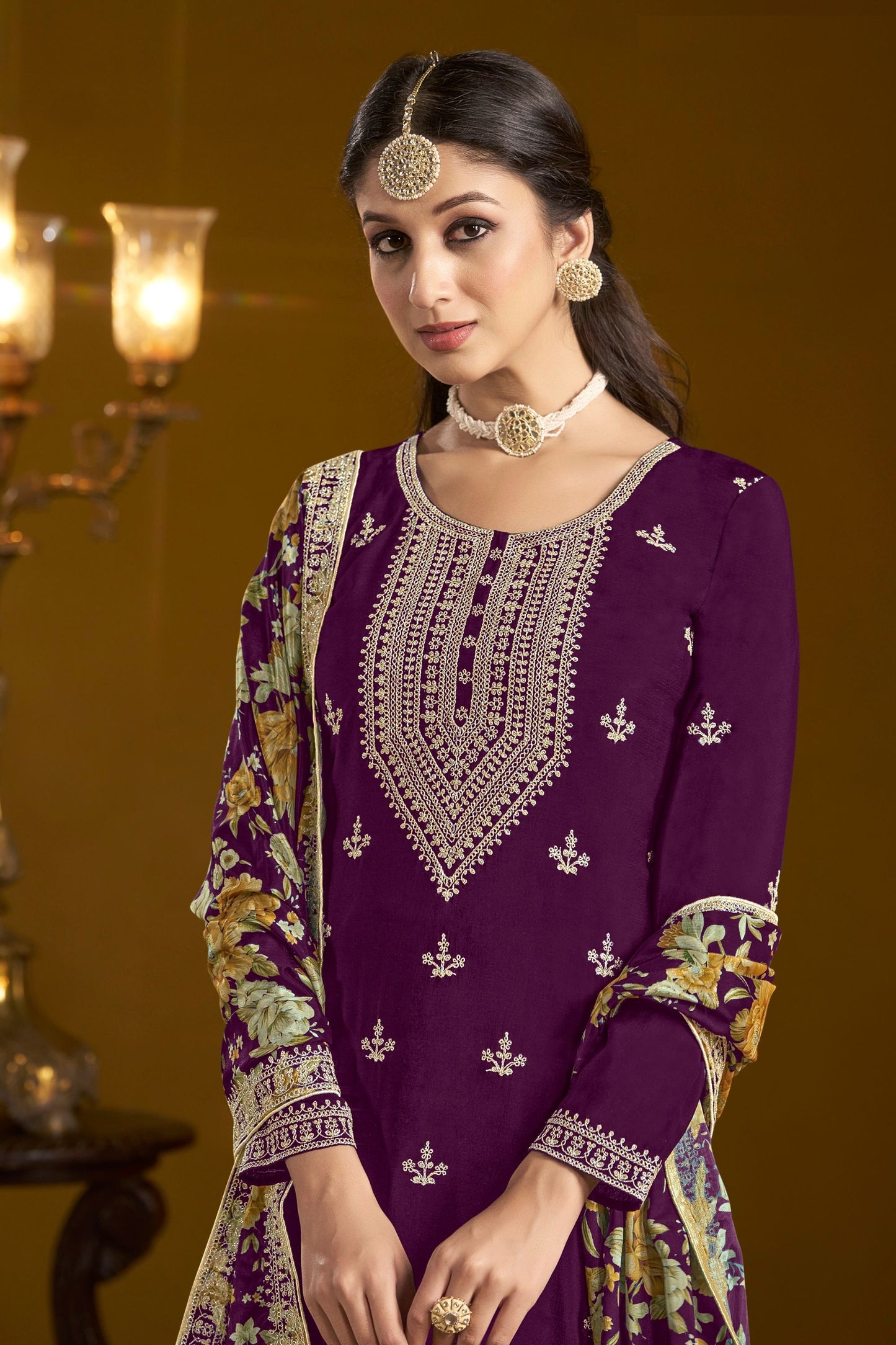 Purple Most Beautiful Chinon Palazzo Suits With Dupatta, Indian festival Wear Embroidery Worked Salwar kameez