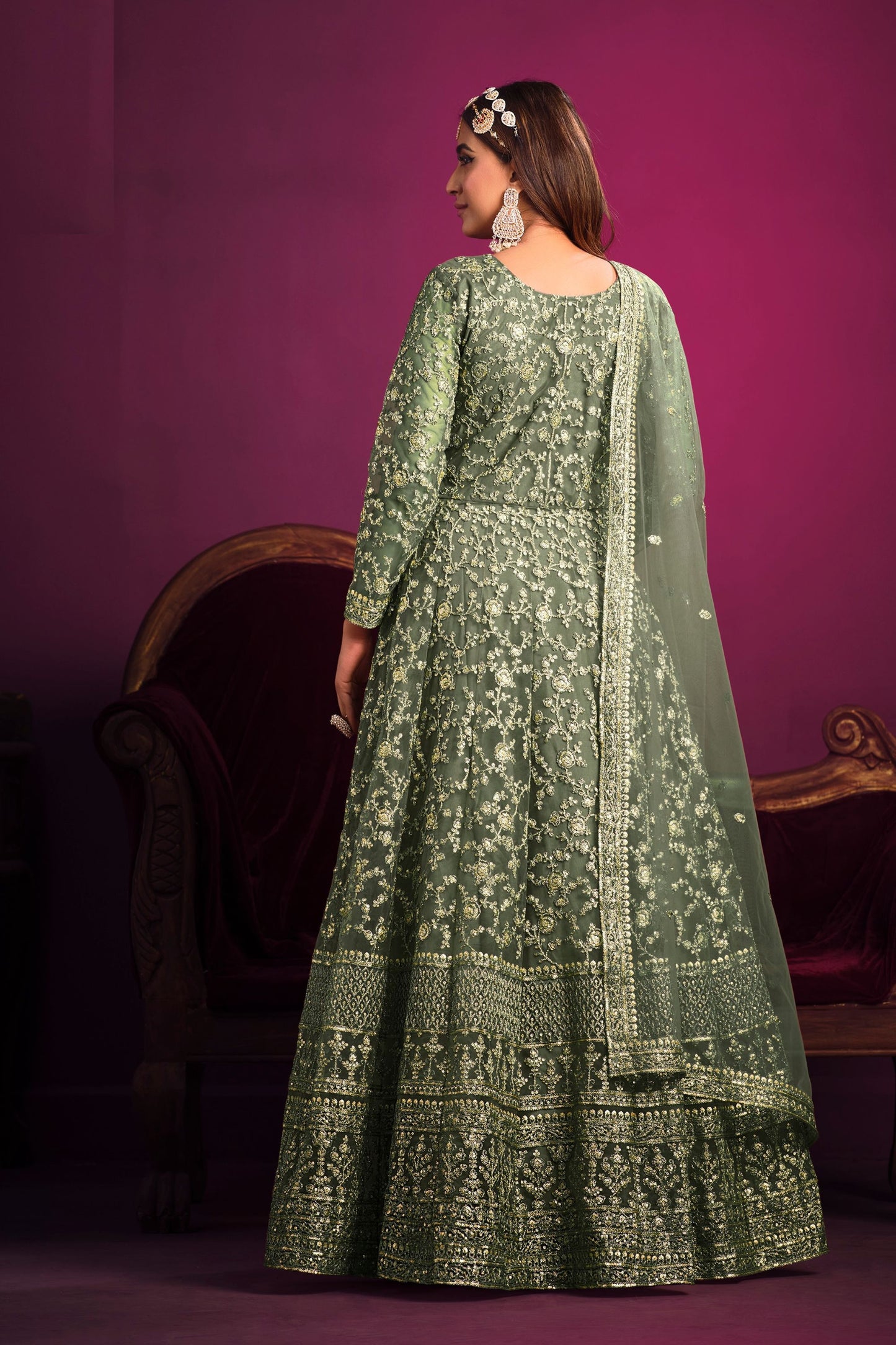 Mint Green Beautiful Long Salwar Suit In Heavy Net With Dupatta, Ready To Wear Outfit Anarkali Gown - Marriott Fashion