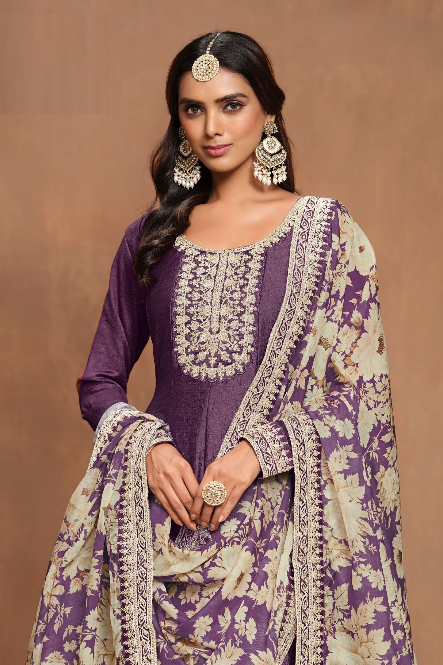 Purple Art Silk Thread &Embroidery Work For Indian Wedding & Festival Wear Long Dresses