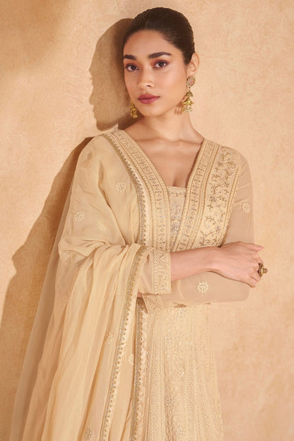 Cream Real Georgette Sequence Worked Indian Festival & Wedding Function Wear Anarkali Gown