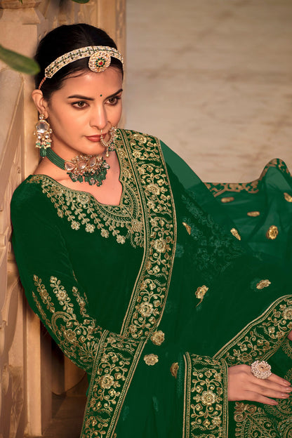 Green 9000 Velvet Embroidery Worked For Indian Wedding & Festival Anarkali Gown