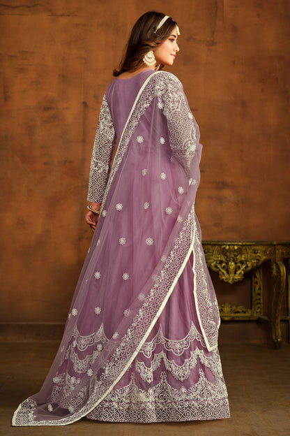 Purple Heavy Net Embroidery Worked Wedding & Function Wear Anarkali Gown