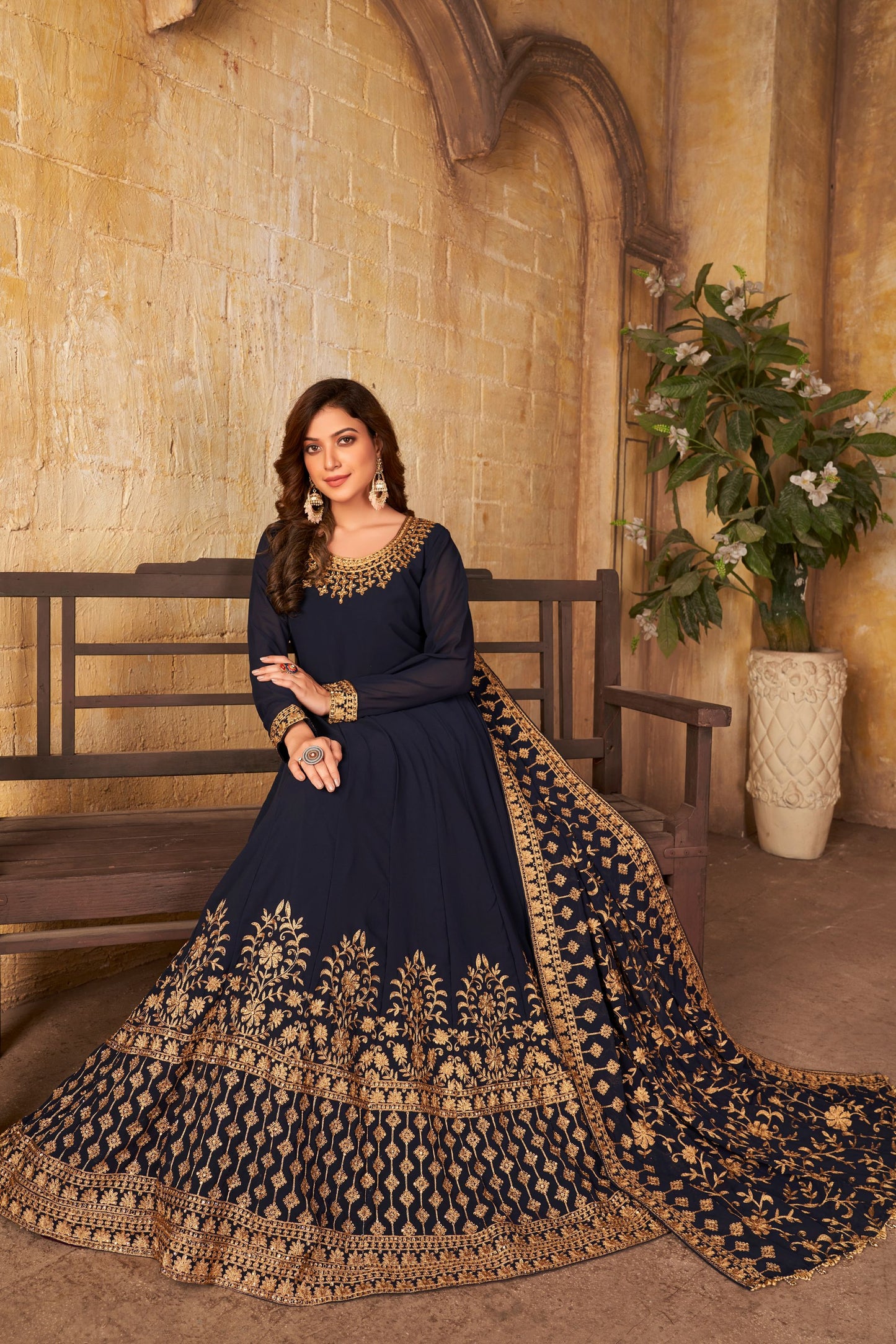 Blue Heavy Georgette Embroidery Worked Wedding & Festival Wear Anarkali Gown