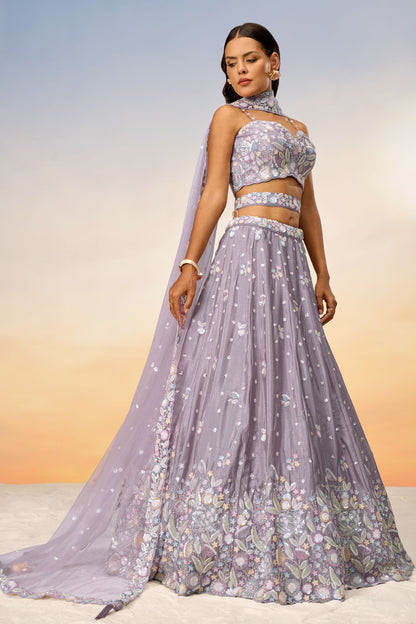 Purple Poly Chiffon Thread Worked Wedding &Engagement Wear Attractive Lehenga Choli