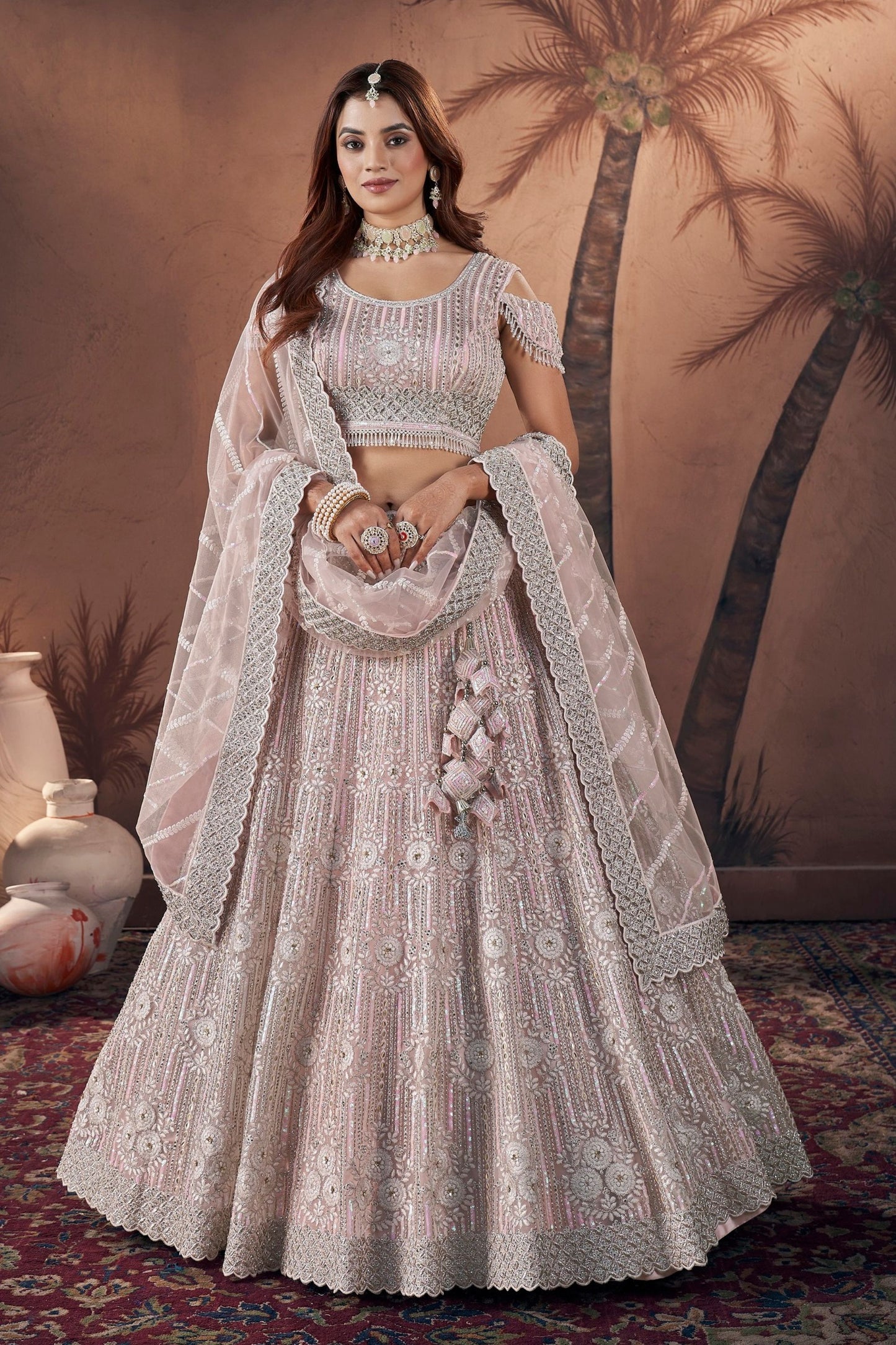 Baby Pink Colored Most Beautiful Net lehenga Choli, Diamond Worked Blouse Piece With Designer Dupatta - Marriott Fashion