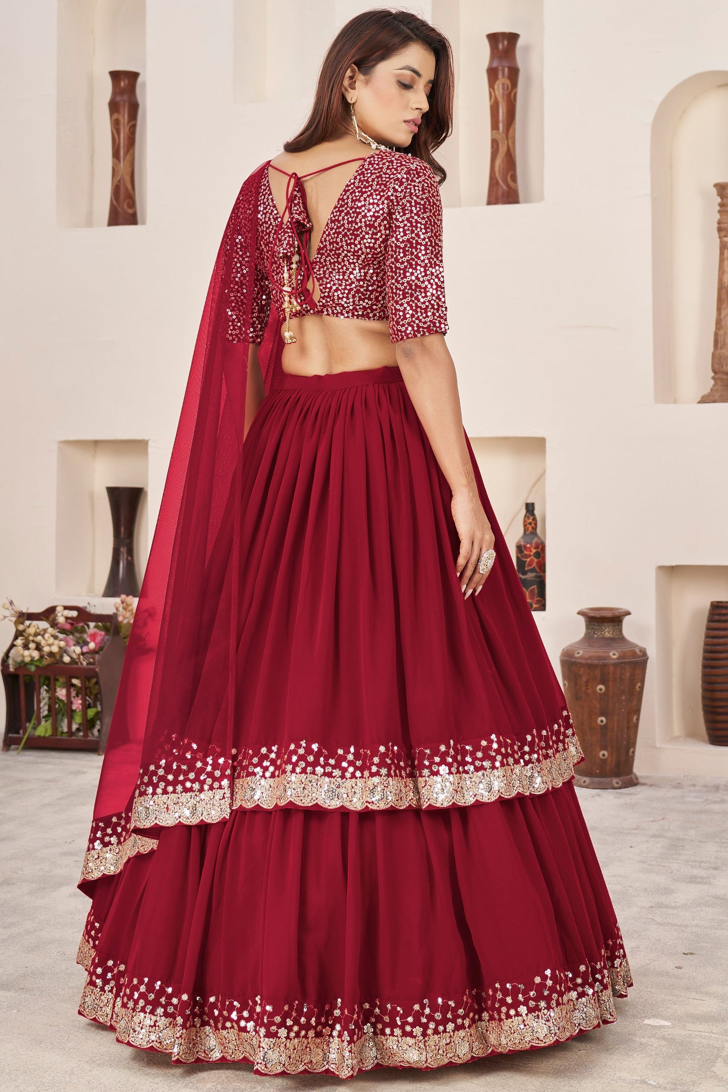 Attractive Red Colored Floral Lehenga Choli In Heavy Georgette With Designer Blouse And Net Dupatta - Marriott Fashion