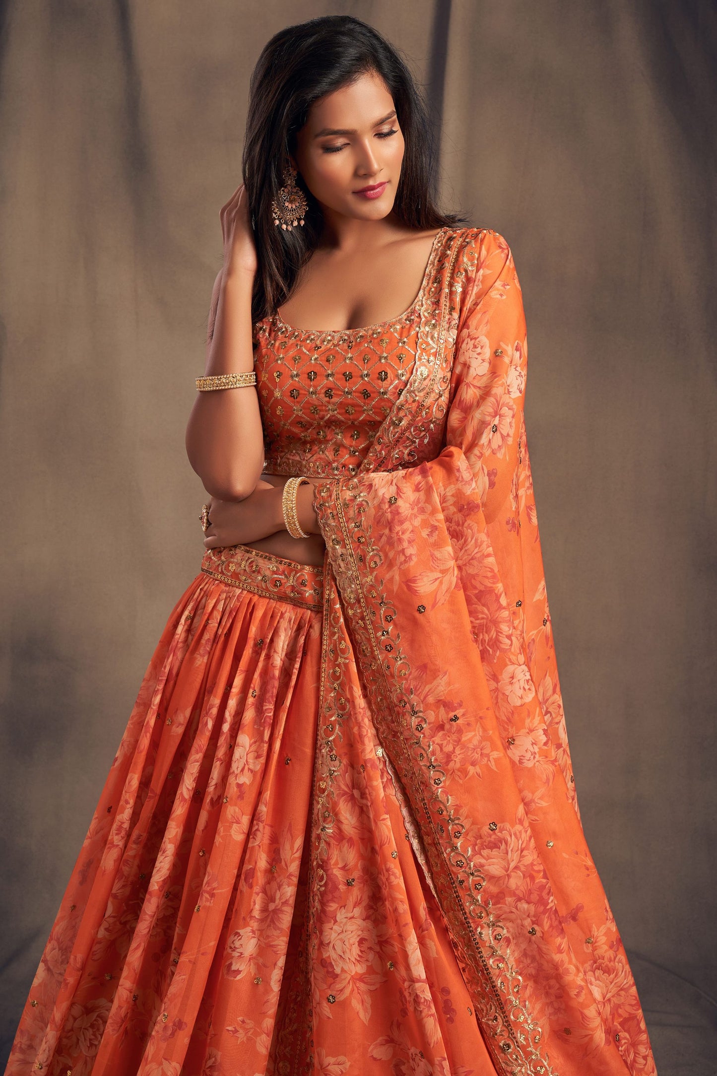 Orange Printed Organza Sequence And Zari Worked Indian Wedding & Festival Wear Lehenga Choli