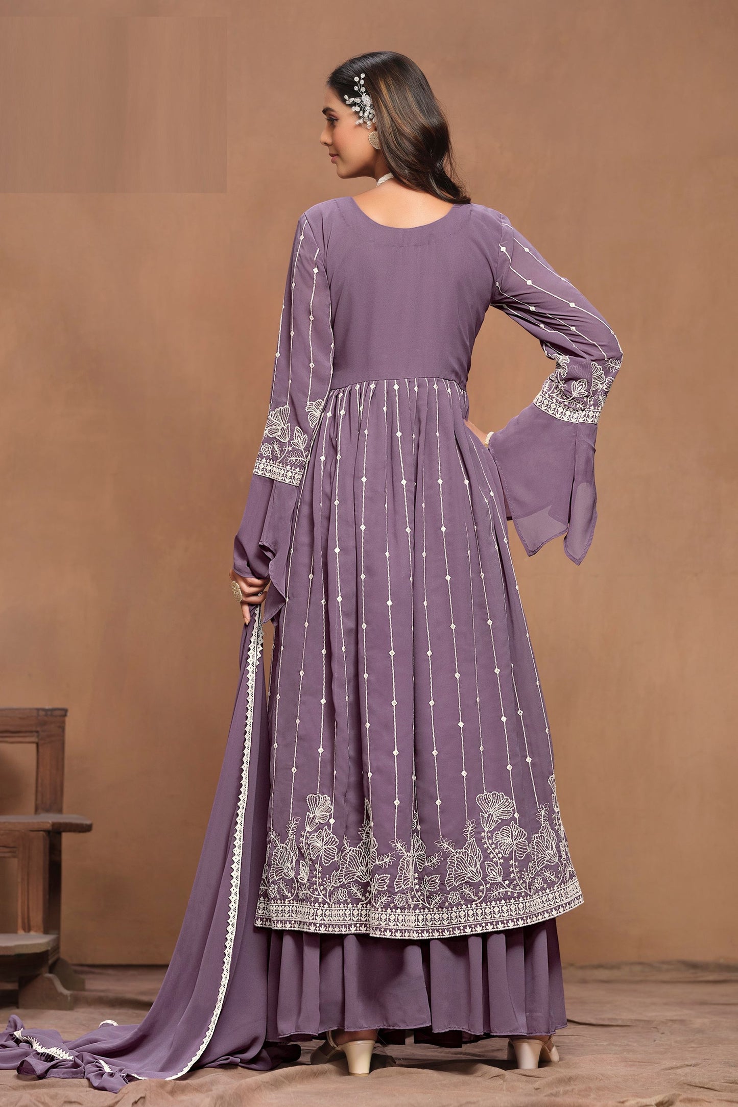 Purple Faux Georgette Embroidery Worked Wedding & Festival Wear Sharara Suits