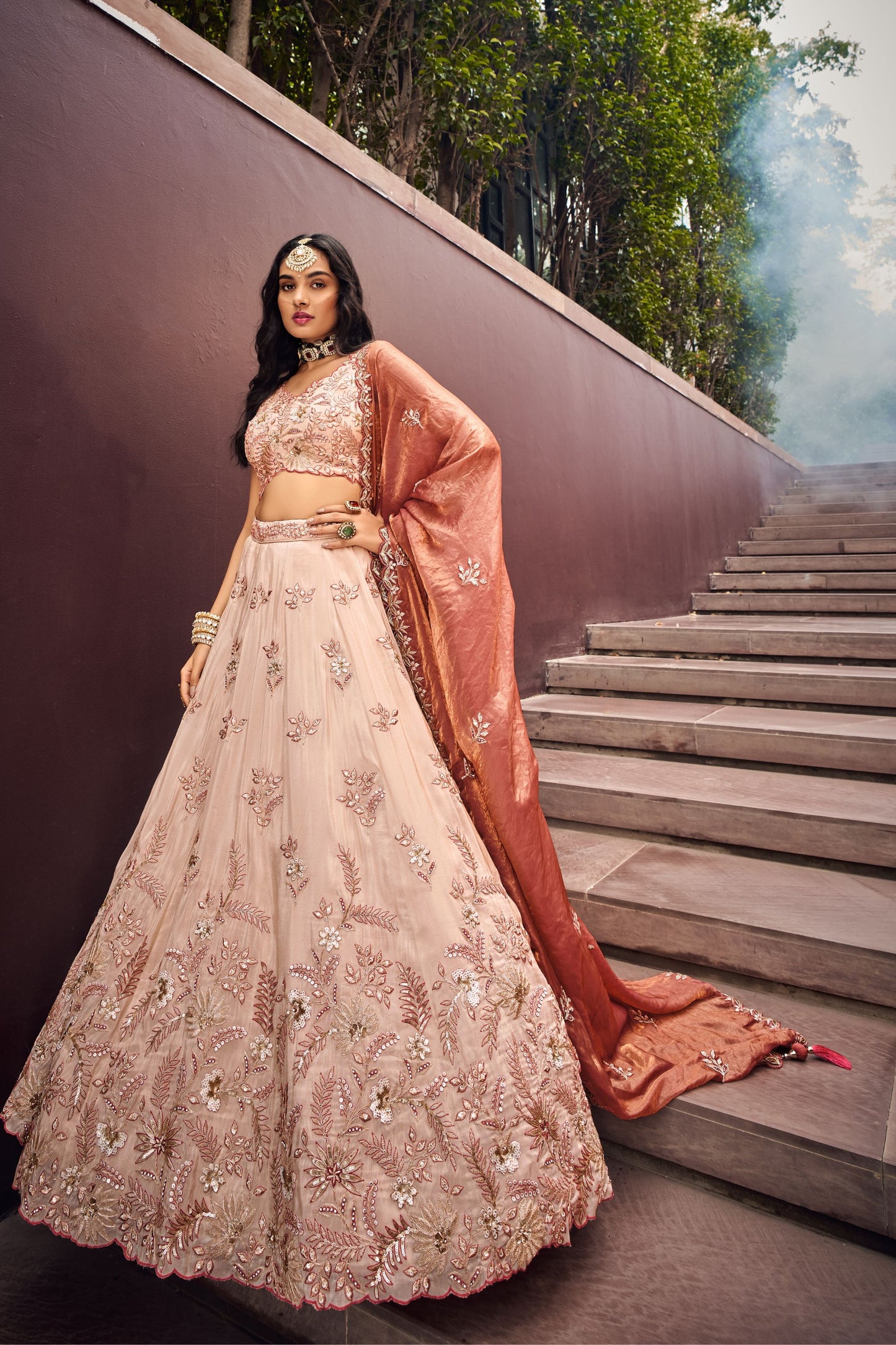 Rose Gold Viscose Rayon Sequence Worked Wedding & Engagement Wear Lehenga Choli