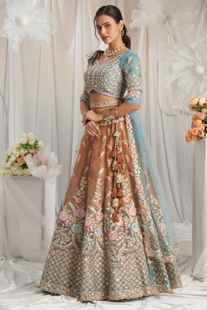 Turquoiseblue Tissue Silk Moti& Embroidery Worked Wedding Function Wear Lehenga Choli