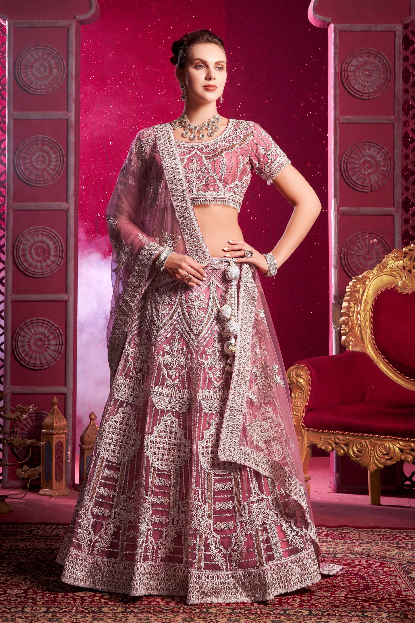 Pink Colored Heavy Net Lehenga With Designer Embroidery Worked Dupatta, Wedding & Party Wear Lehenga Choli - Marriott Fashion