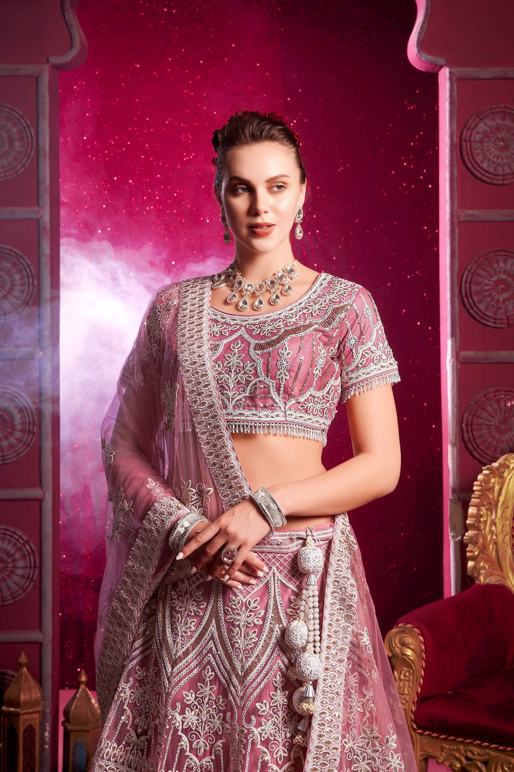 Pink Colored Heavy Net Lehenga With Designer Embroidery Worked Dupatta, Wedding & Party Wear Lehenga Choli - Marriott Fashion