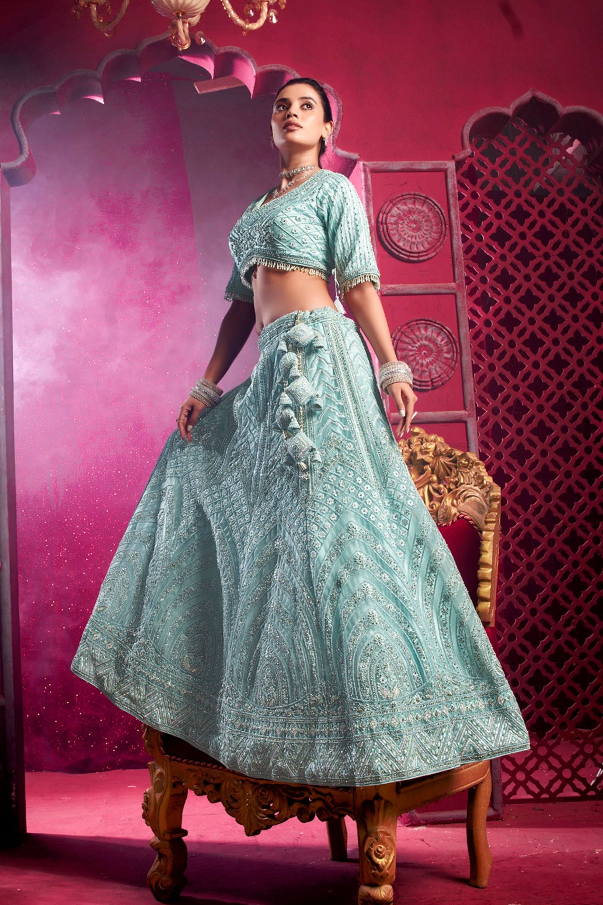 Sky Blue Colored Heavy Net Lehenga, Designer Blouse Piece With Embroidery And Zarkan Worked Dupatta - Marriott Fashion