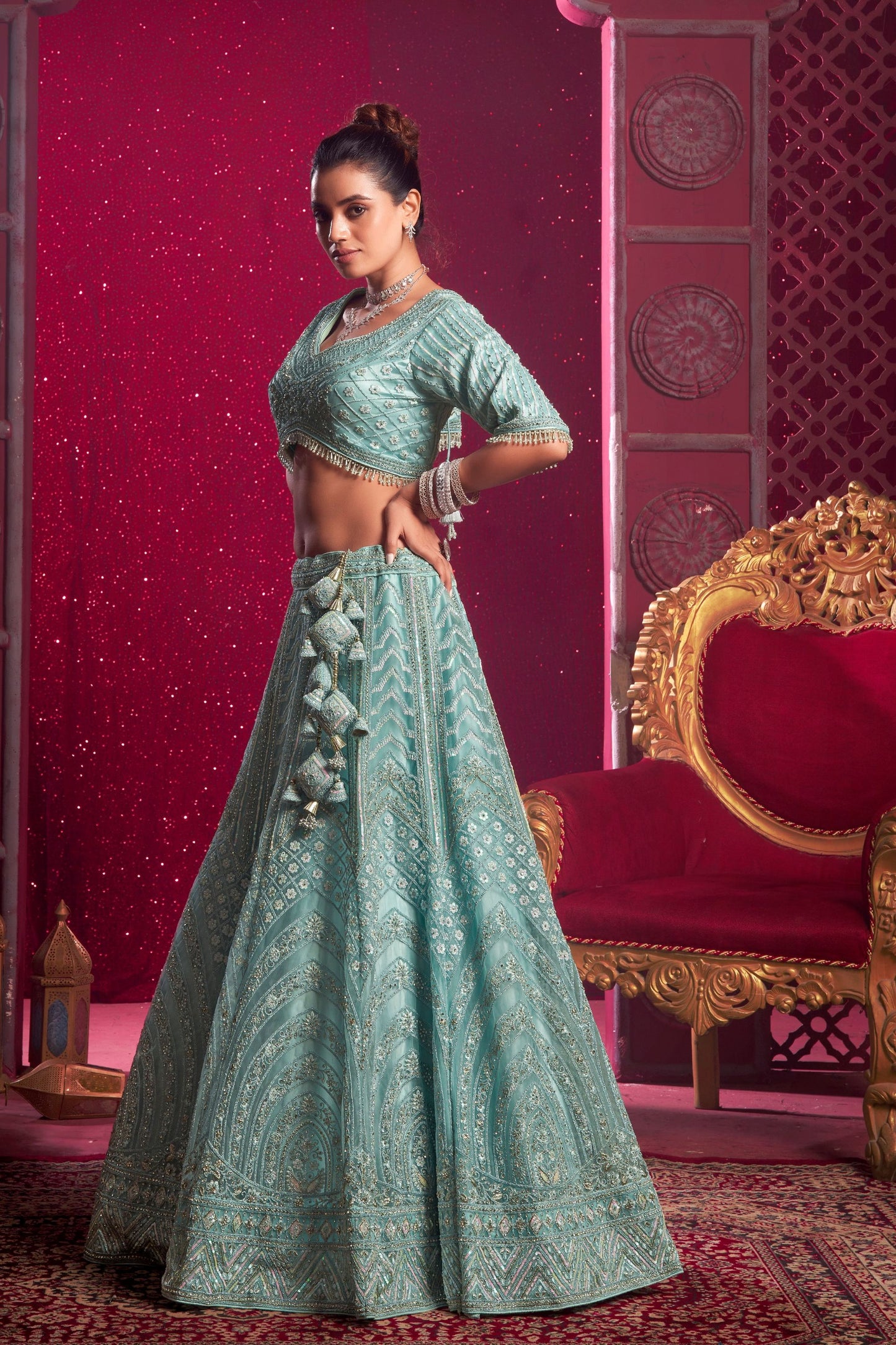 Sky Blue Colored Heavy Net Lehenga, Designer Blouse Piece With Embroidery And Zarkan Worked Dupatta - Marriott Fashion