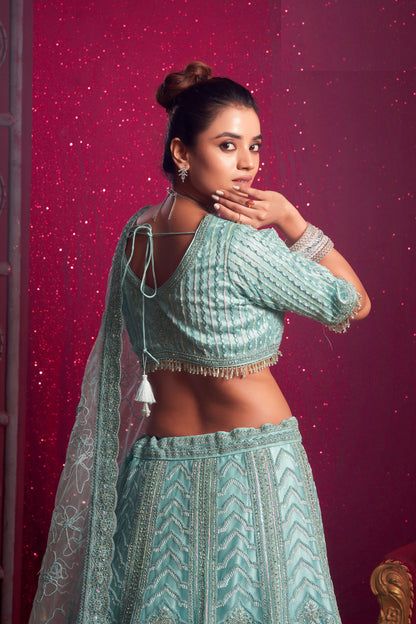 Sky Blue Colored Heavy Net Lehenga, Designer Blouse Piece With Embroidery And Zarkan Worked Dupatta - Marriott Fashion