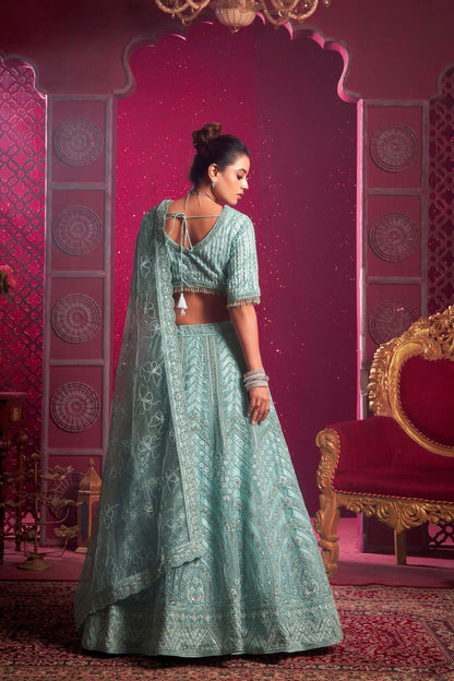 Sky Blue Colored Heavy Net Lehenga, Designer Blouse Piece With Embroidery And Zarkan Worked Dupatta - Marriott Fashion