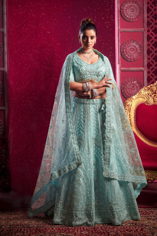 Sky Blue Colored Heavy Net Lehenga, Designer Blouse Piece With Embroidery And Zarkan Worked Dupatta - Marriott Fashion