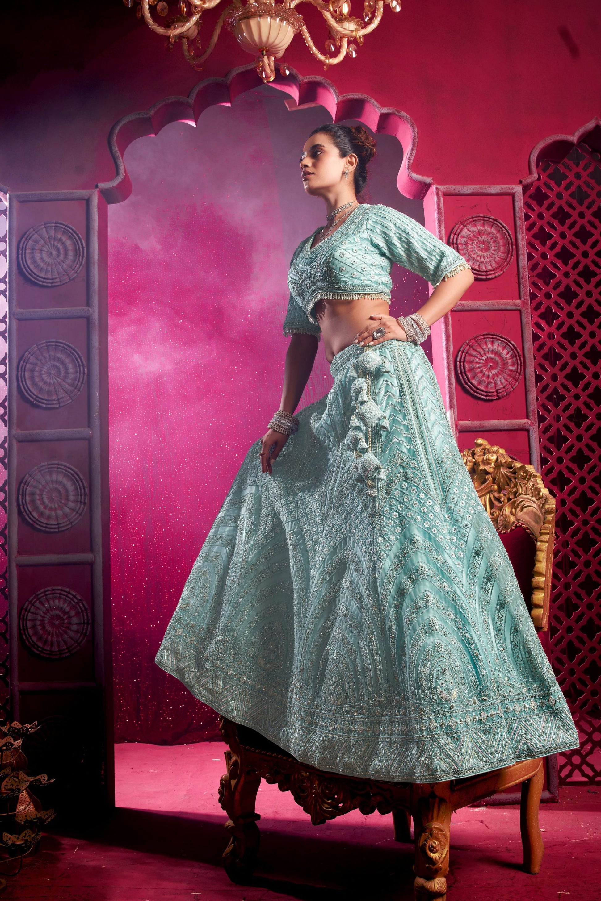 Sky Blue Colored Heavy Net Lehenga, Designer Blouse Piece With Embroidery And Zarkan Worked Dupatta - Marriott Fashion