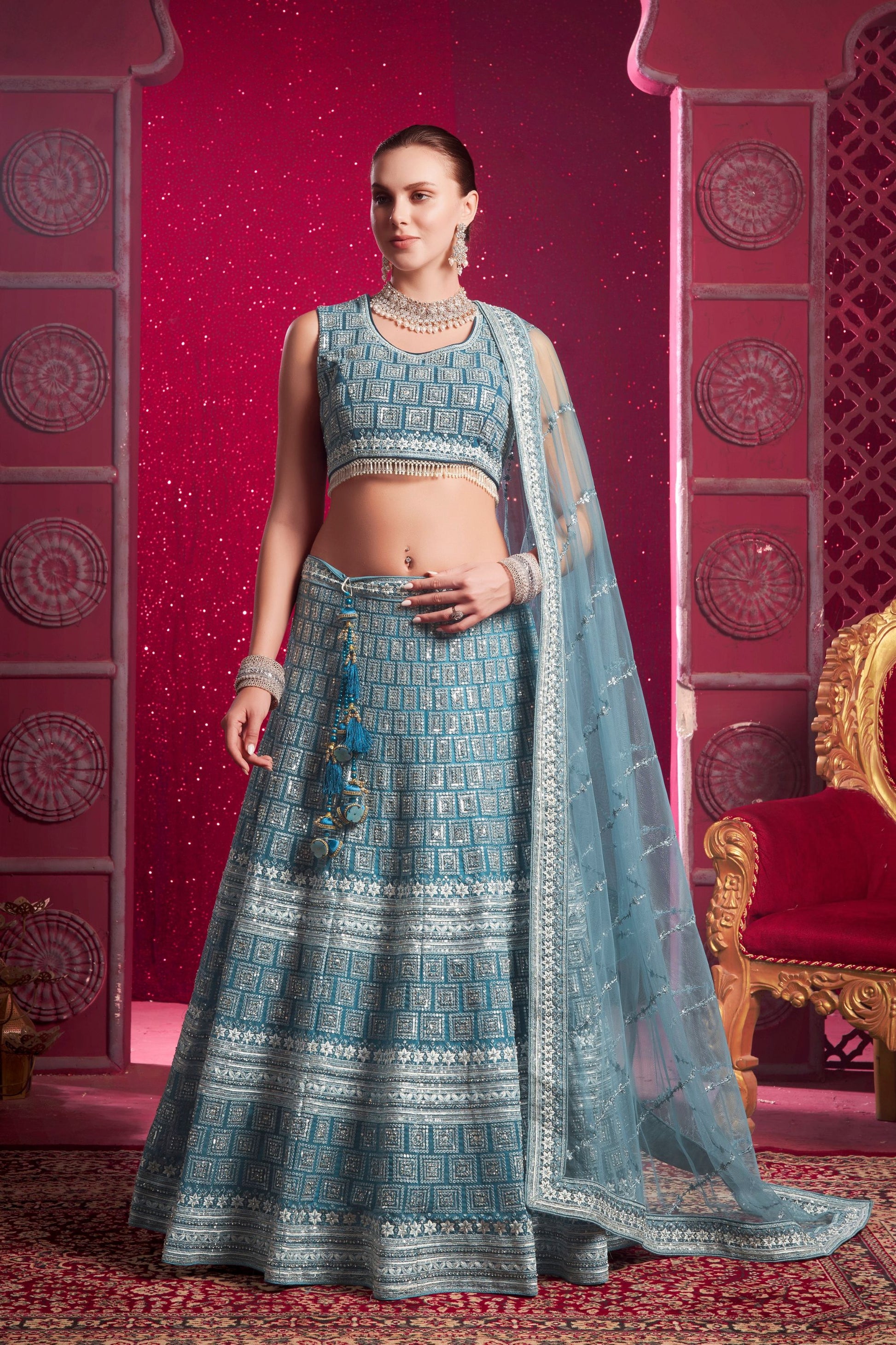 Blue Colored Fancy Net Lehenga Choli With Sequence Worked Designer Dupatta, Wedding Outfit Wear Attractive Lehenga Choli - Marriott Fashion