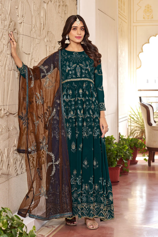 Green Colored Heavy Georgette Anarkali Gown Suit With Embroidery Worked Net Dupatta - Marriott Fashion