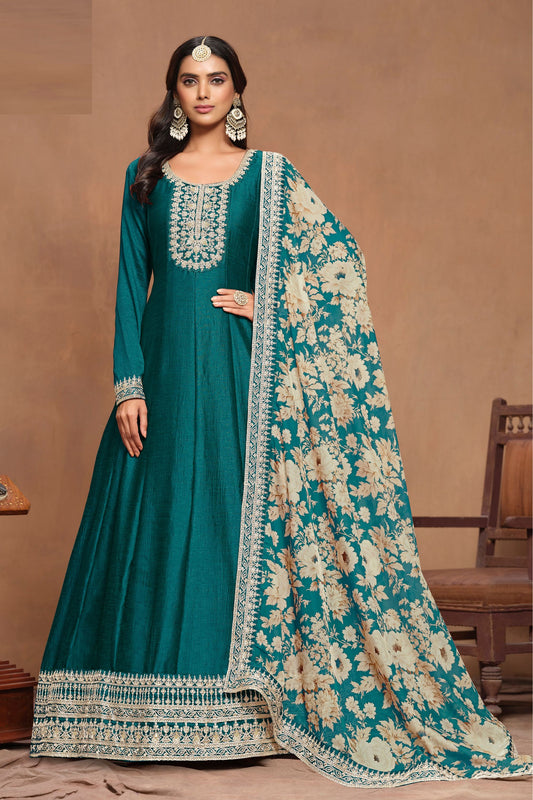 Green Colored Heavy Silk Long Anarkali Salwar Suit With Embroidery And Printed Worked Organza Dupatta