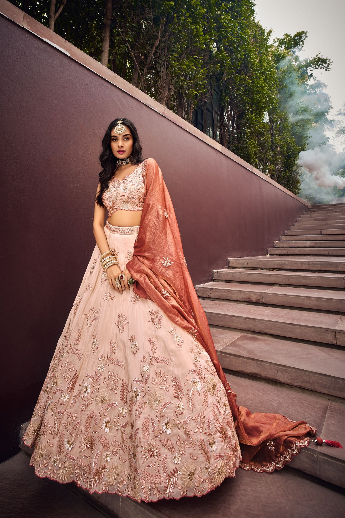 Rose Gold Viscose Rayon Sequence Worked Wedding & Engagement Wear Lehenga Choli