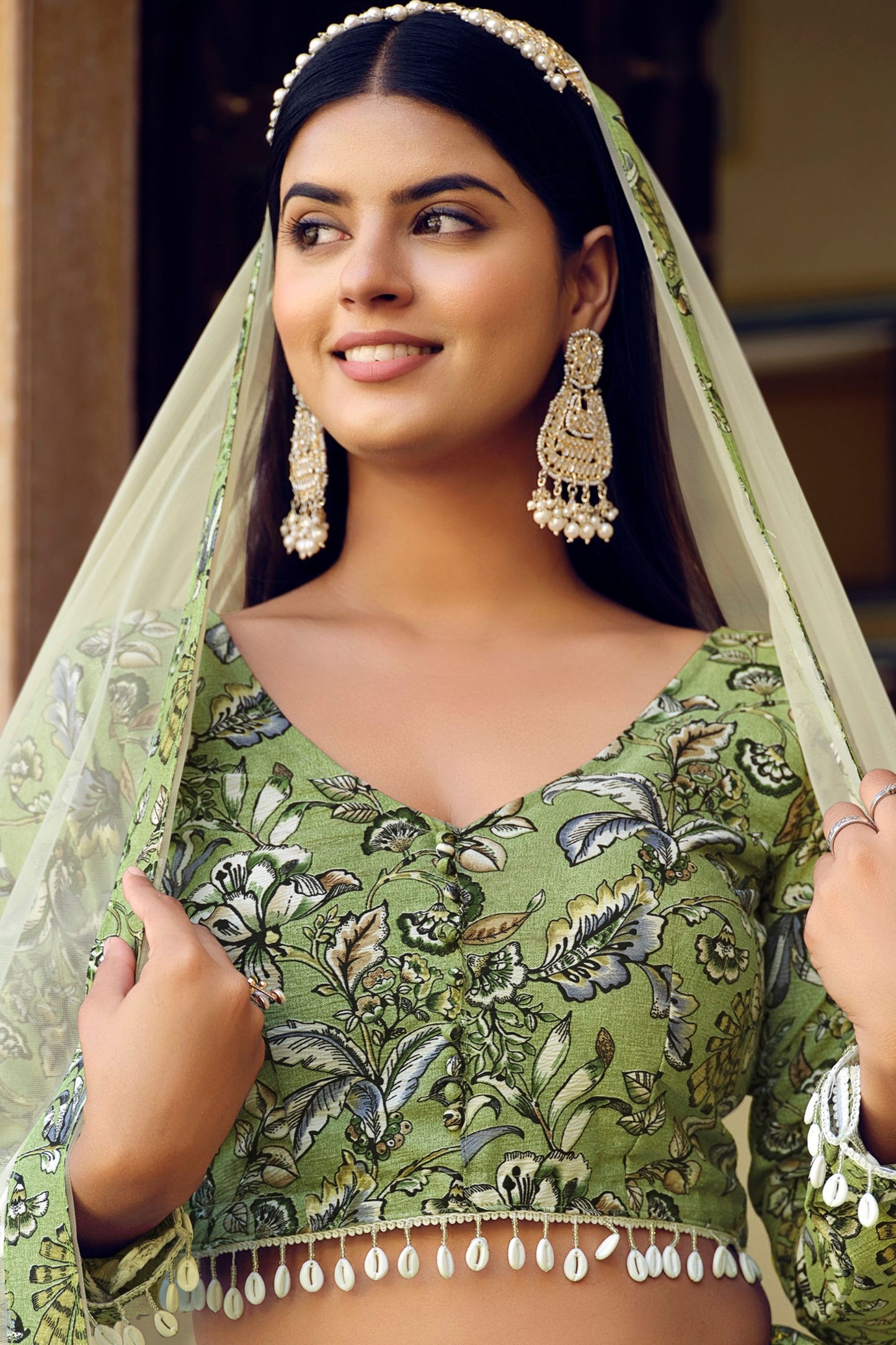 Green Crushed Silk Wedding Function Wear Printed Lehenga Choli