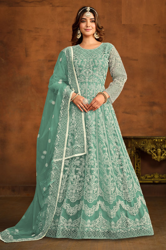 Sea Green Heavy Net Embroidery Worked Wedding & Festival Wear Anarkali Gown