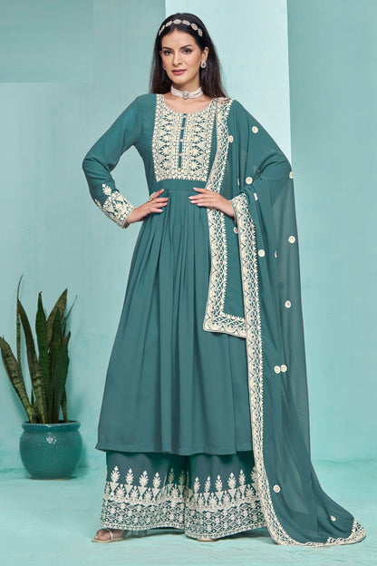 Rama Green Georgette Salwar Suits Thread &amp; Embroidery Work For Indian Wedding & Festival Wear Long Dress