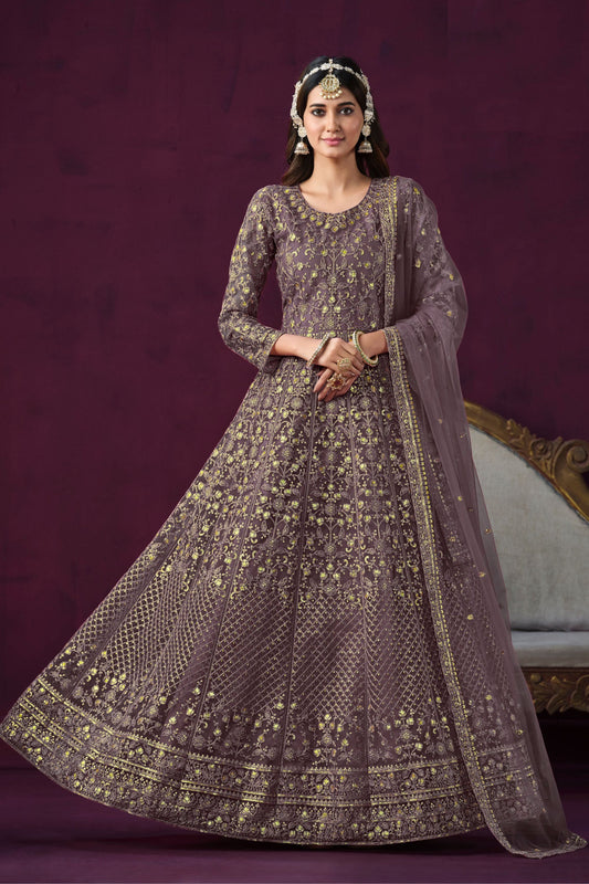 Purple Heavy Net Embroidery Worked Pakistani Festival & Wedding Wear Anarkali Gown