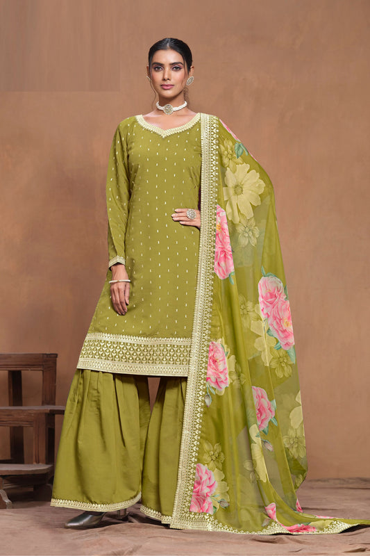 Olive green Heavy Silk Embroidery Worked Indian Festival Wear Palazzo Suit