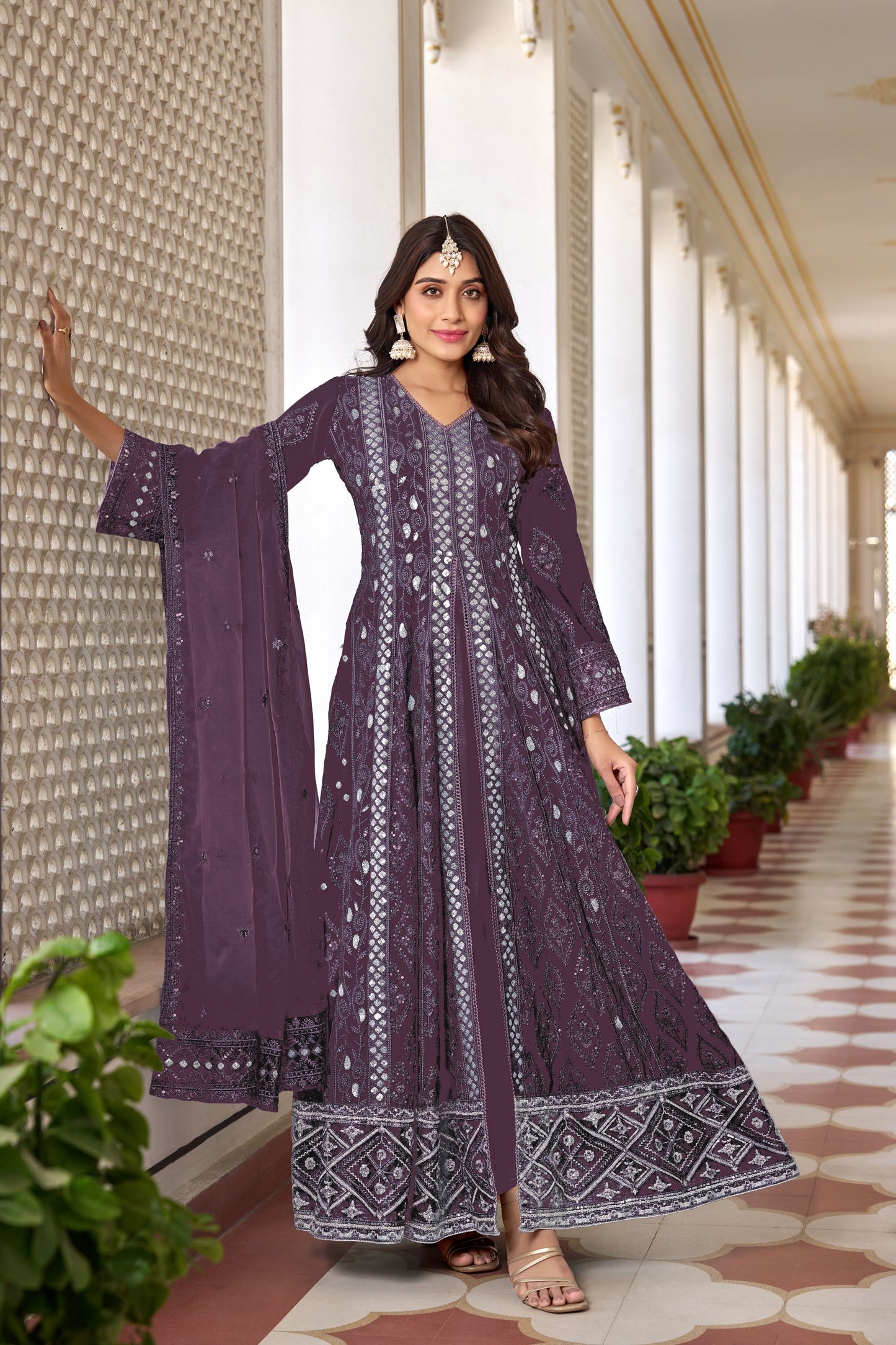 Purple Colored Heavy Faux Georgette Slit Style Salwar Suits, Dull Santoon Bottom With Organza Dupatta - Marriott Fashion