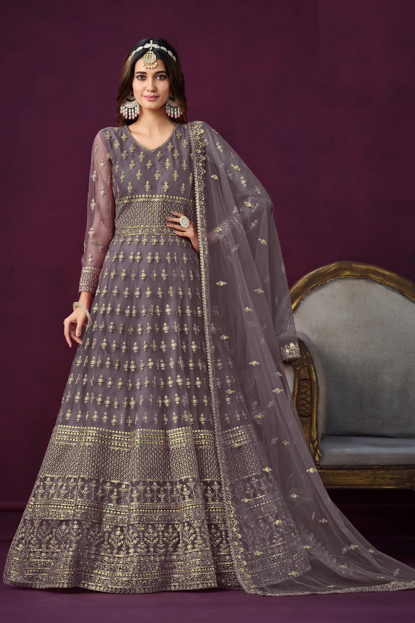 Purple Fancy Net Embroidered Work for Indian Wedding & Party Wear Long Anarkali Gown