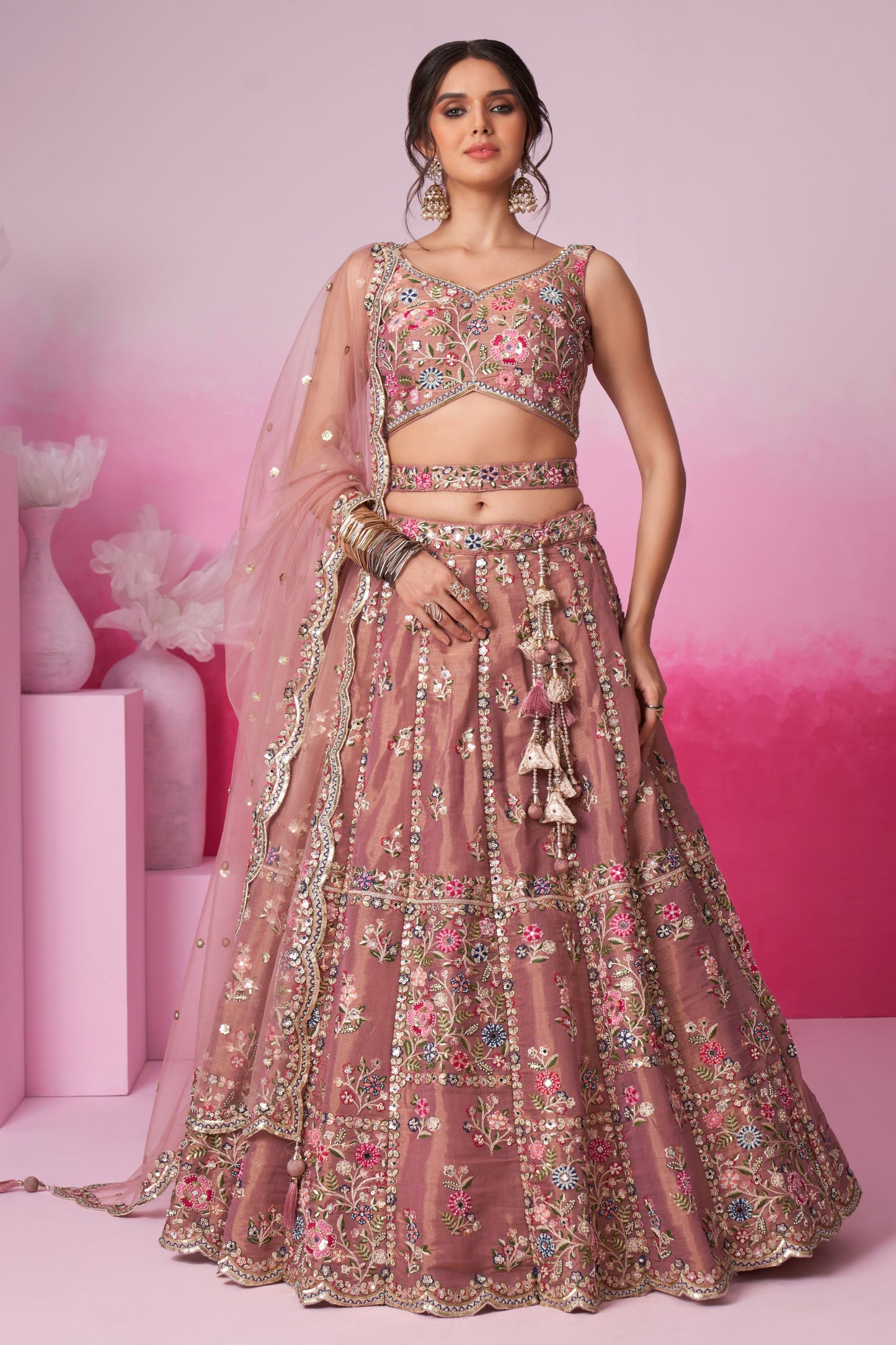 Rose Gold Heavy Net Sequence Worked Wedding Wear Lehenga Choli